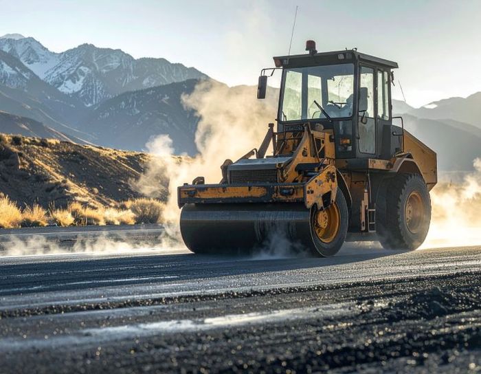 Road crew paving a highway on a cloudy day, with snow on the shoulder.