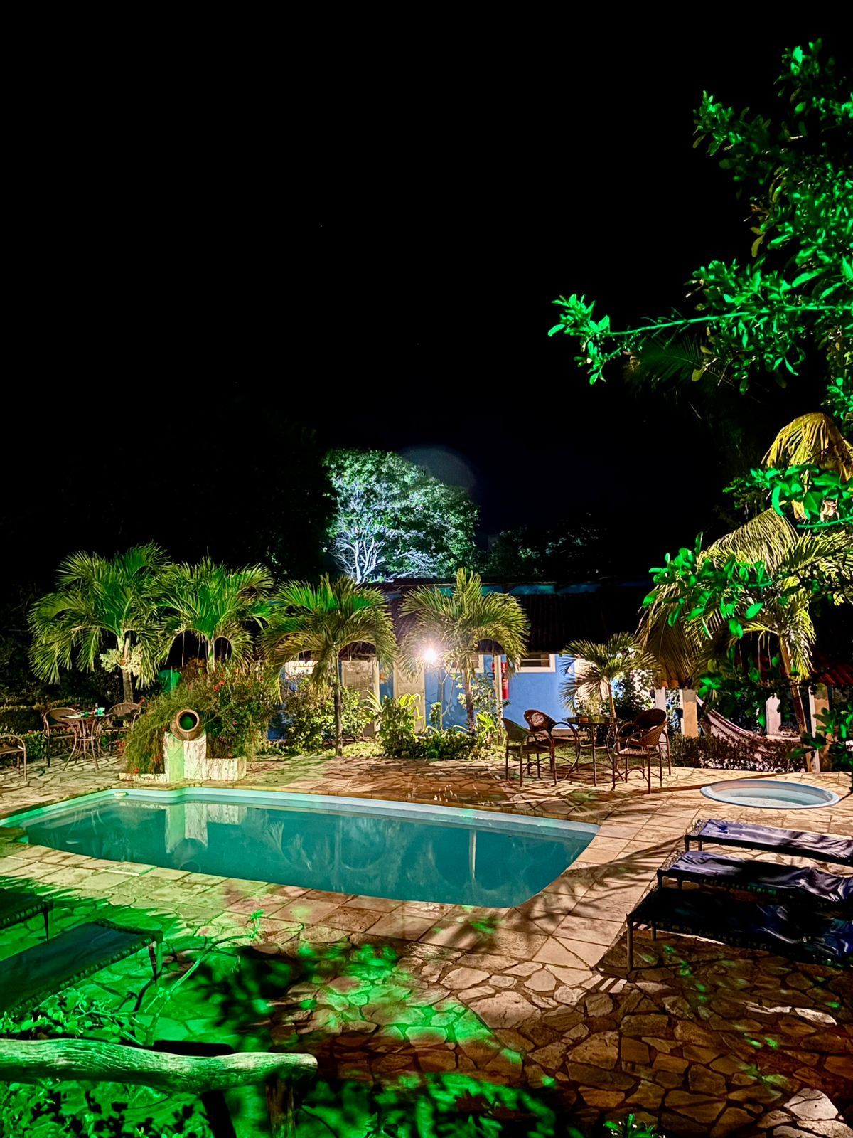 Vista noturna de uma piscina com pátio ao redor, palmeiras e prédios iluminados. Tons de verde e azul dominam a cena.