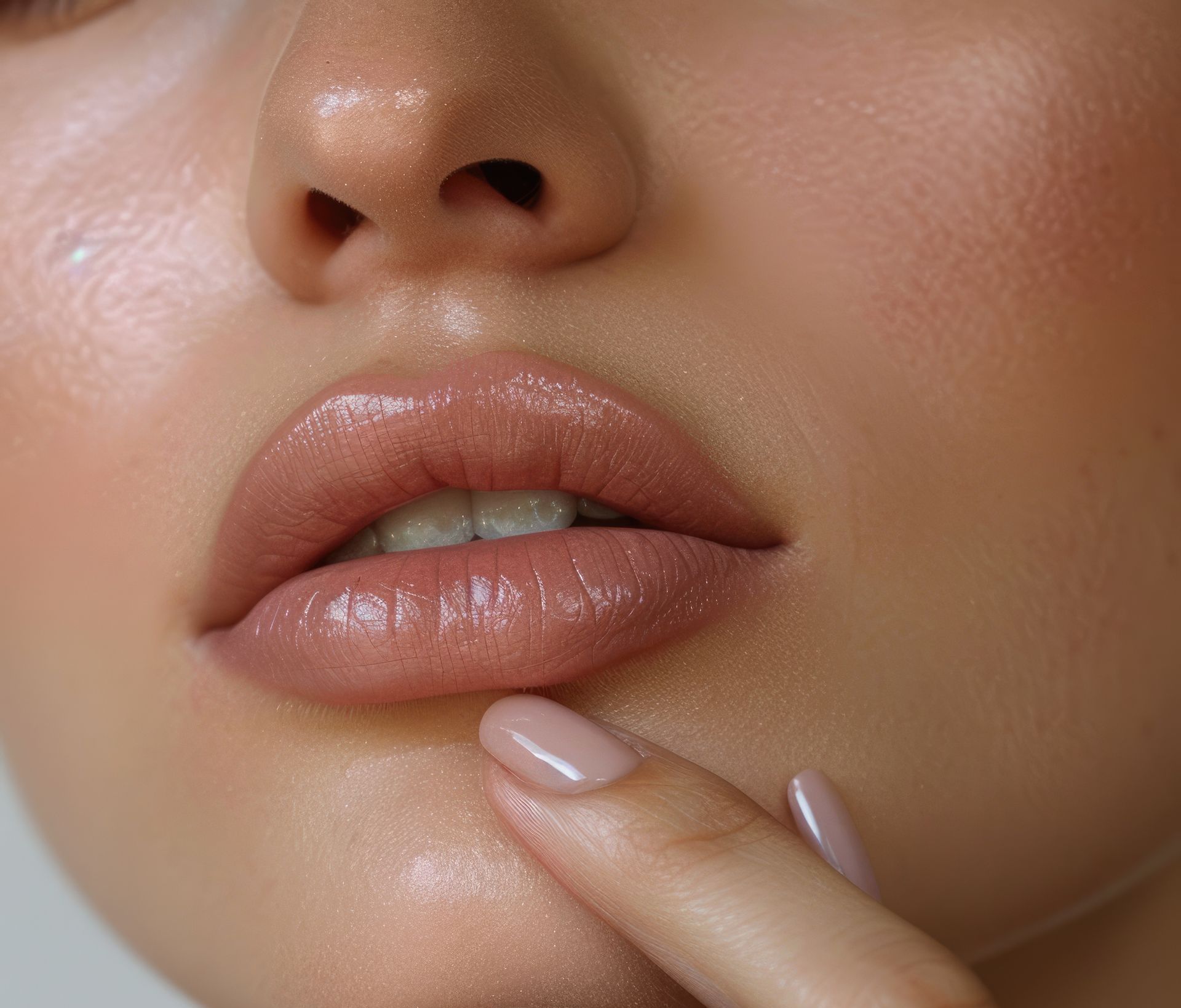 Un primer plano de los labios de una mujer con su dedo en la barbilla.