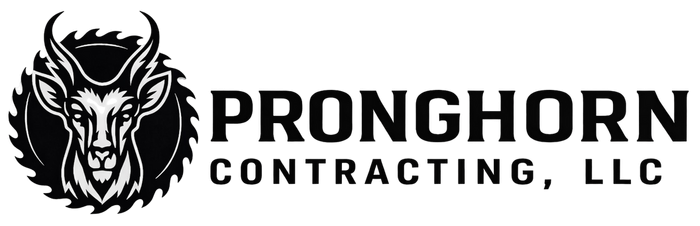 Black and white logo for Pronghorn Contracting, LLC, featuring a stylized pronghorn head inside a circular saw blade.