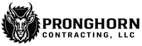 Black and white logo for Pronghorn Contracting, LLC, featuring a stylized pronghorn head inside a circular saw blade.