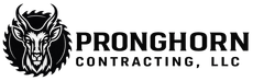 Black and white logo for Pronghorn Contracting, LLC, featuring a stylized pronghorn head inside a circular saw blade.