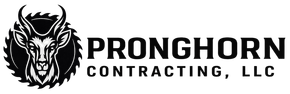 Black and white logo for Pronghorn Contracting, LLC, featuring a stylized pronghorn head inside a circular saw blade.