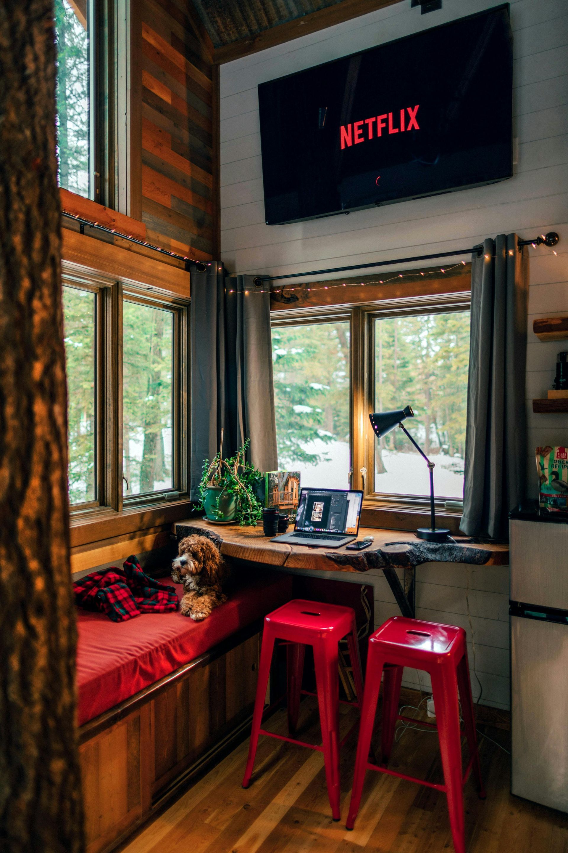 A cozy nook features a red bench seat with a dog, a live-edge desk, two red stools, and a TV showing Netflix.