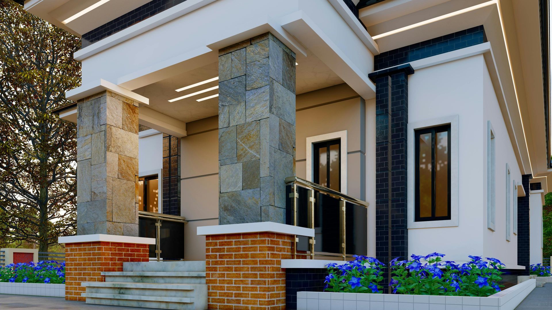 Modern house exterior with a white facade, stone pillars, brick accents, and blue flowering shrubs near the entrance.
