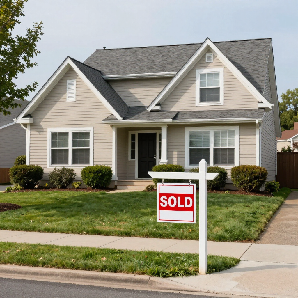 A two-story, beige suburban house with a gray roof and a red 
