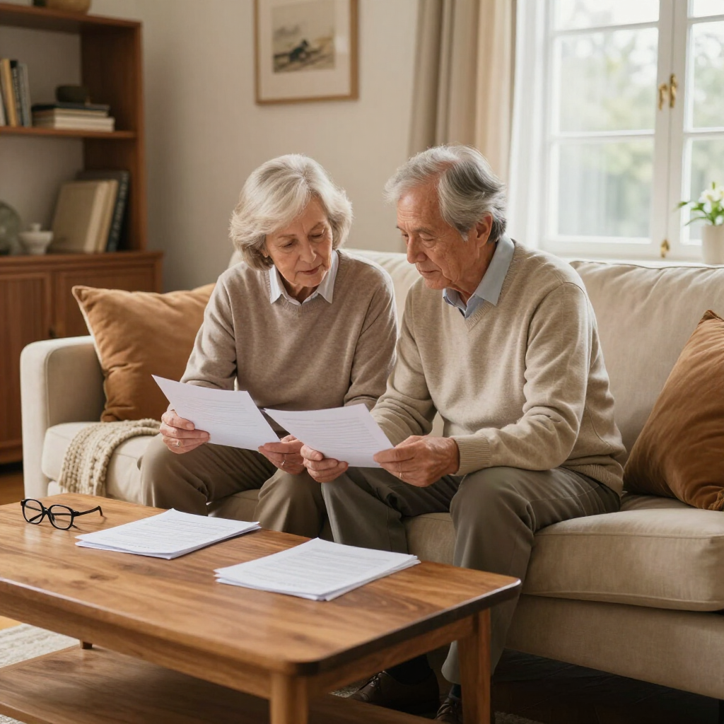 Two people sitting on a sofa in a living room, reviewing documents together.
