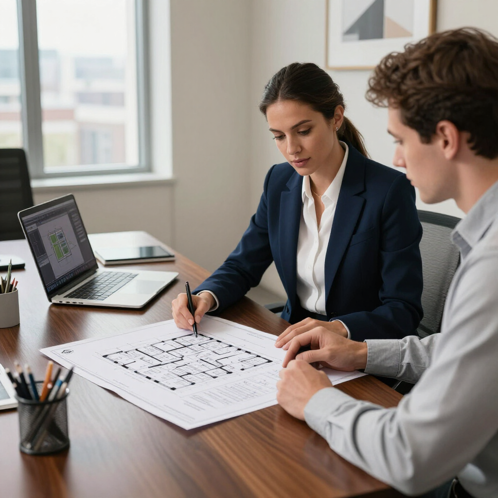 Two professionals in business attire review a floor plan together at a wooden desk in a bright, modern office.