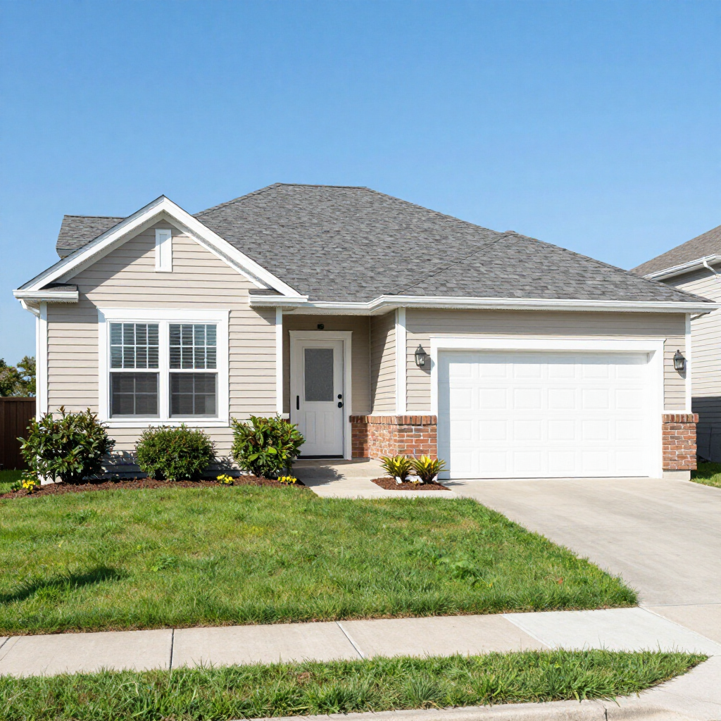 A beige single-story suburban house with a gray shingled roof, white garage door, and a green front lawn.