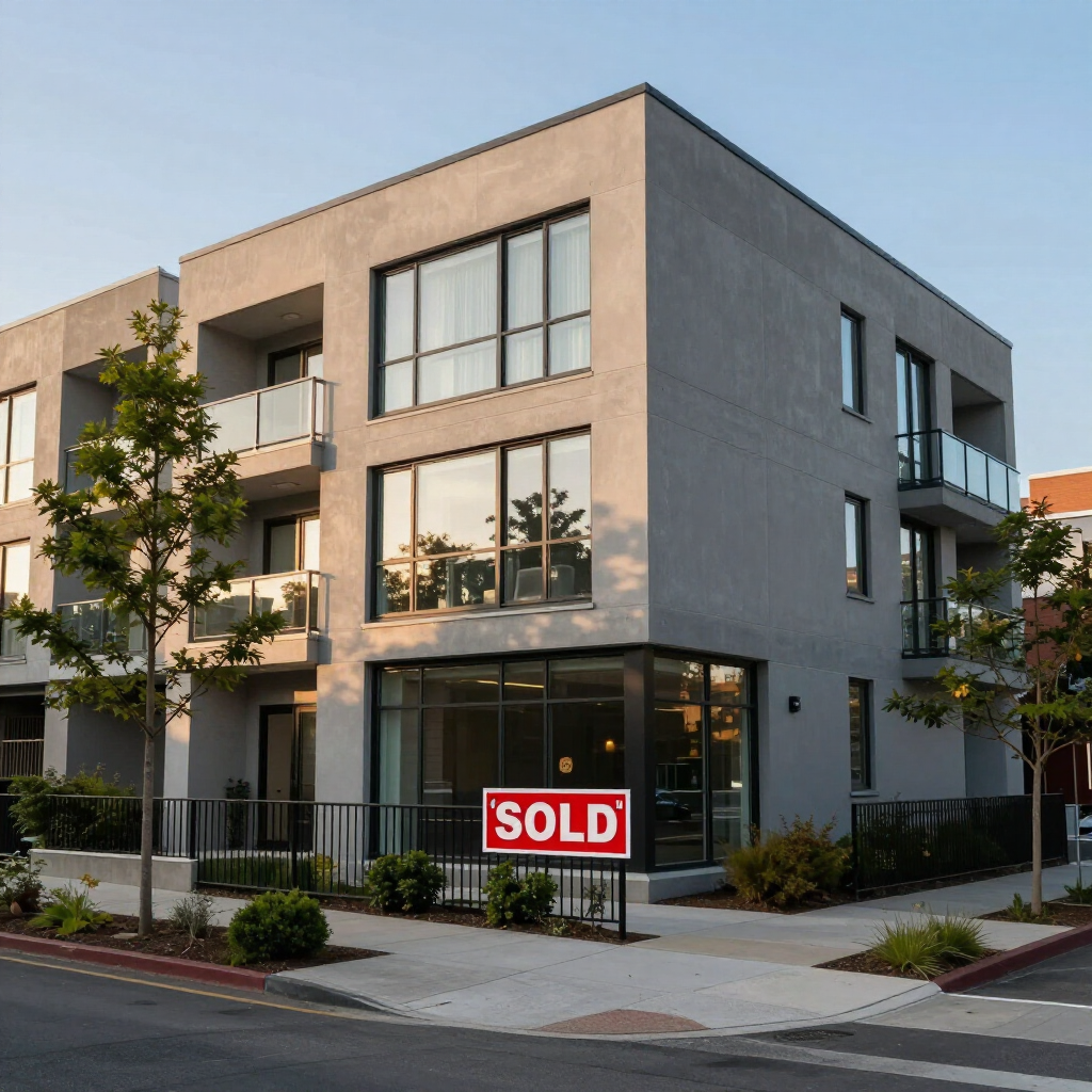 A multi-story gray modern apartment building on a corner lot with a red 