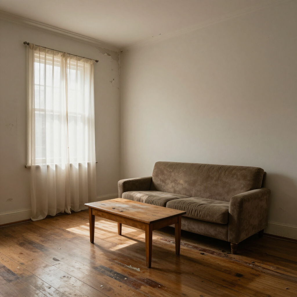 A brown sofa and a matching wooden coffee table sit on a polished wood floor in a room with a white curtained window.