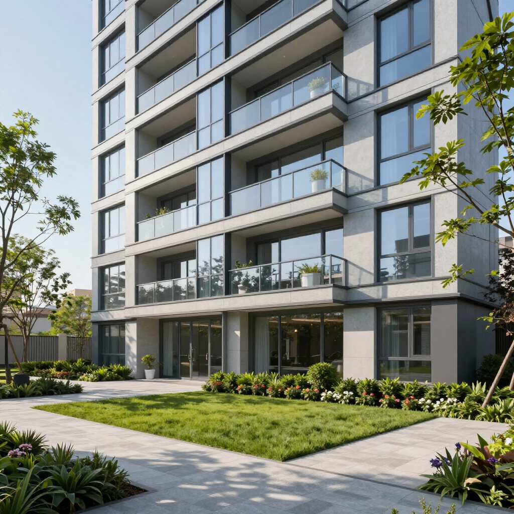 Modern multi-story apartment building with glass balconies, surrounded by landscaped gardens and stone walkways.
