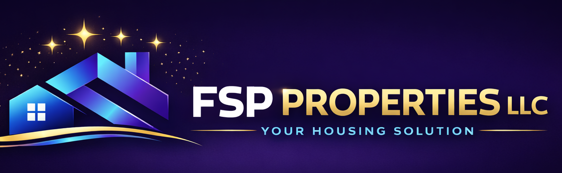 Logo for FSP Properties LLC, featuring a blue stylized house icon with stars on a dark purple background.