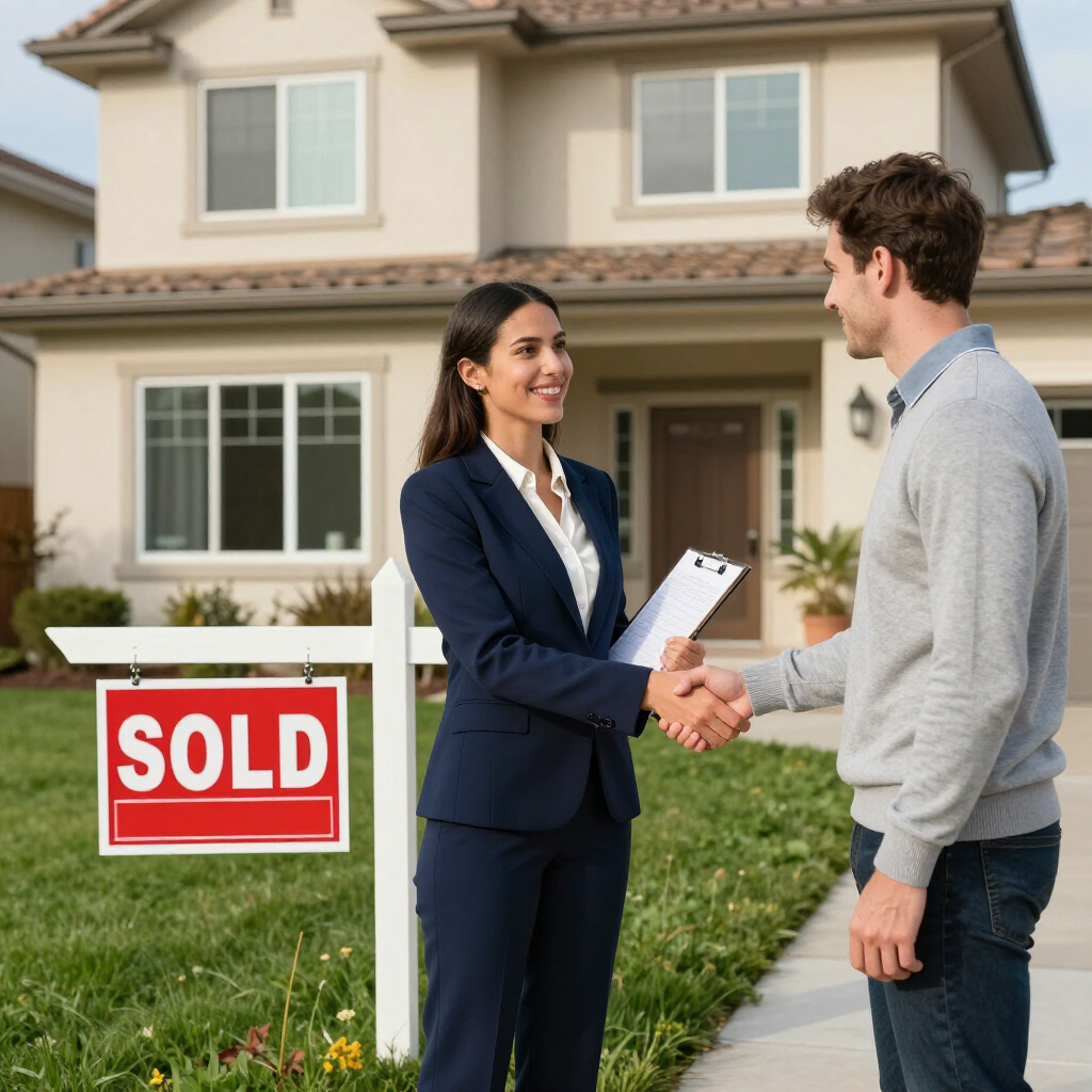 A real estate agent and a client shake hands in front of a house with a 