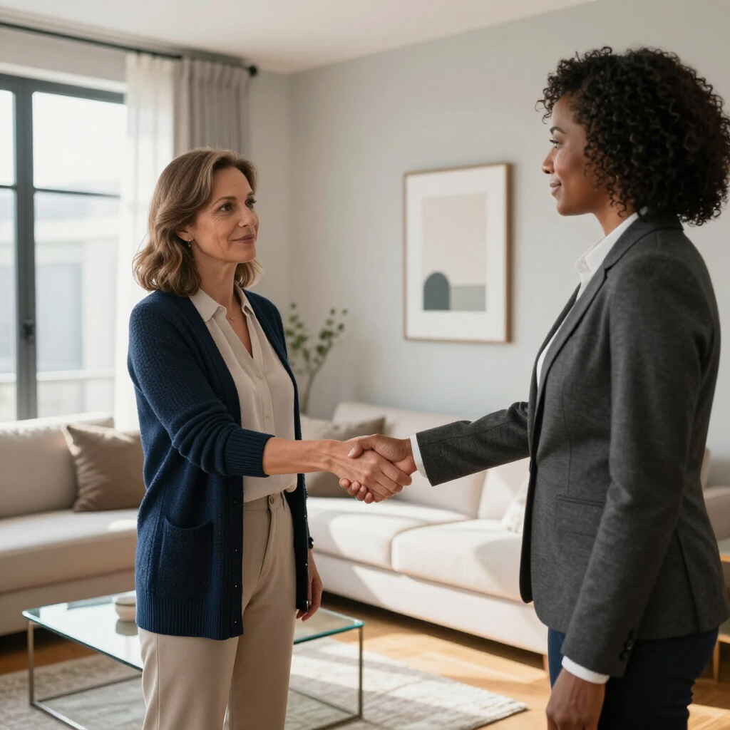 Two people in business casual attire shake hands in a bright, modern living room.