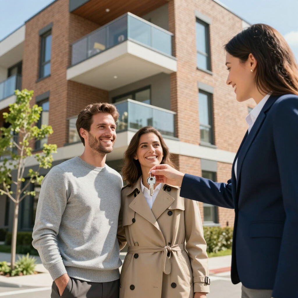 A real estate agent hands house keys to a smiling couple in front of a modern brick apartment building.