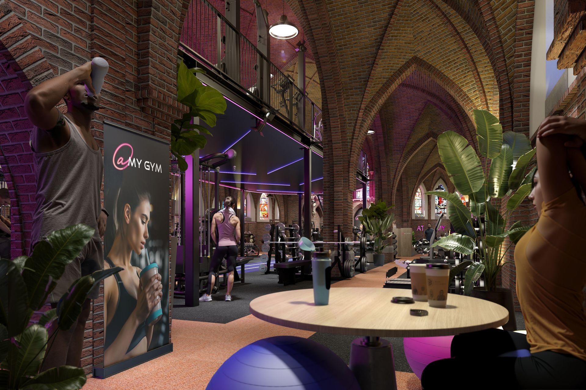 Interieur van een sportschool in een ruimte met een bakstenen boog, met fitnessapparatuur, mensen die aan het sporten zijn en een reclamebord van een merk.