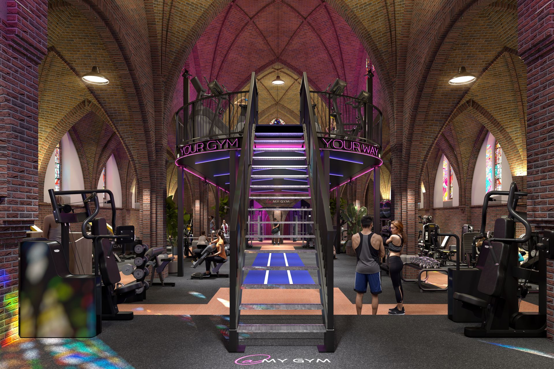 Een fitnessruimte in een kerk. Mensen maken gebruik van de fitnessapparatuur. Een gebouw met meerdere verdiepingen en roze en paarse verlichting.