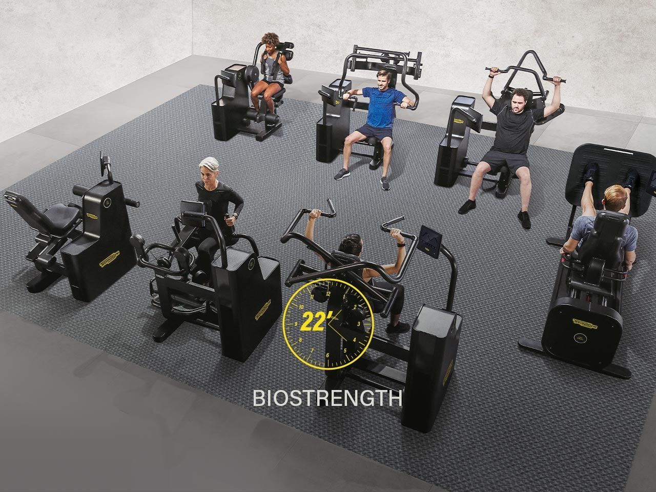 Fitnessapparatuur met mensen die het gebruiken. Tekst 