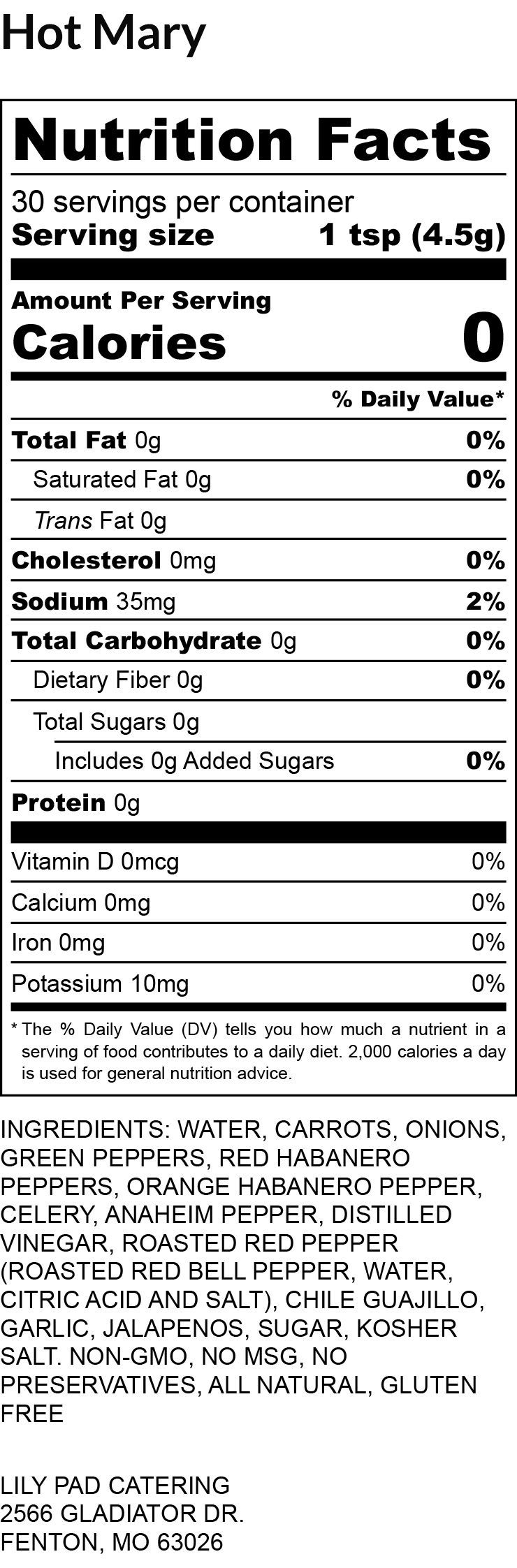 Hot Mary - Nutrition Label