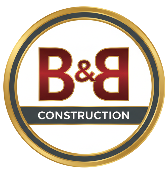 Logo for B&B Construction: Red "B&B" letters with ampersand, gold rim, and "CONSTRUCTION" below.