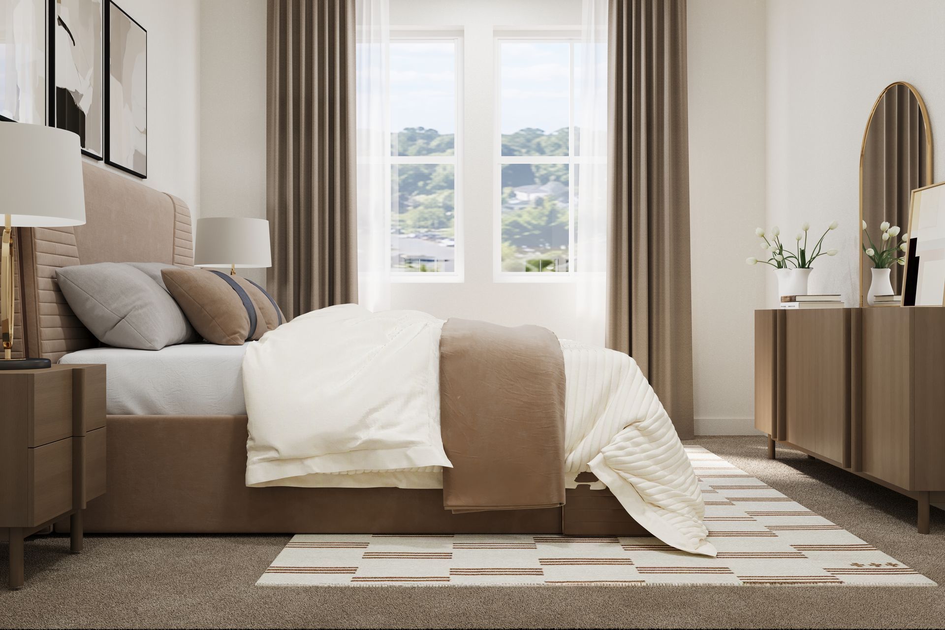 Cozy beige bedroom with an unmade bed, window curtains, and a dresser with mirror.