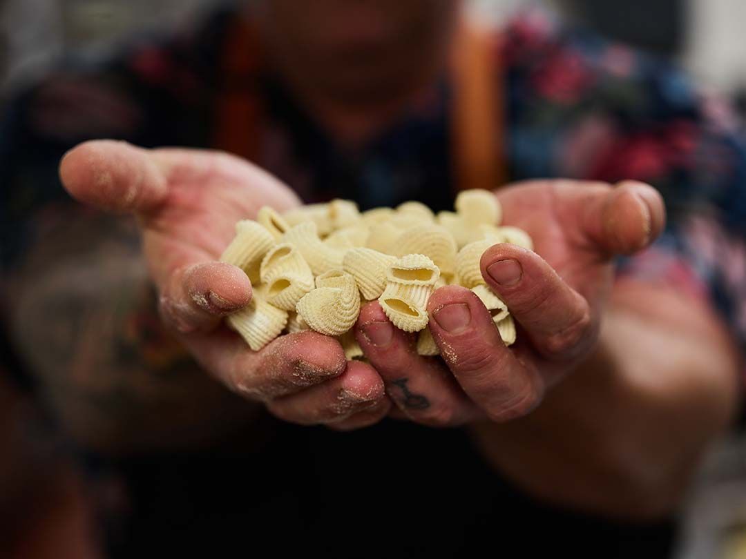 A person is holding a pile of pasta in their hands.
