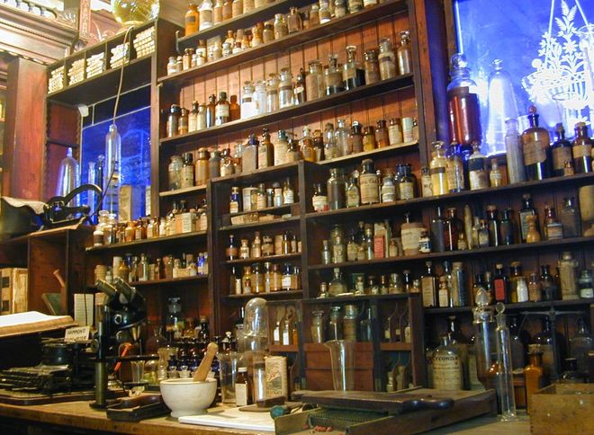 Cabinets of apothecary bottles