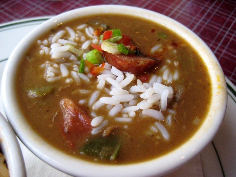 A sausage gumbo in a dark roux.