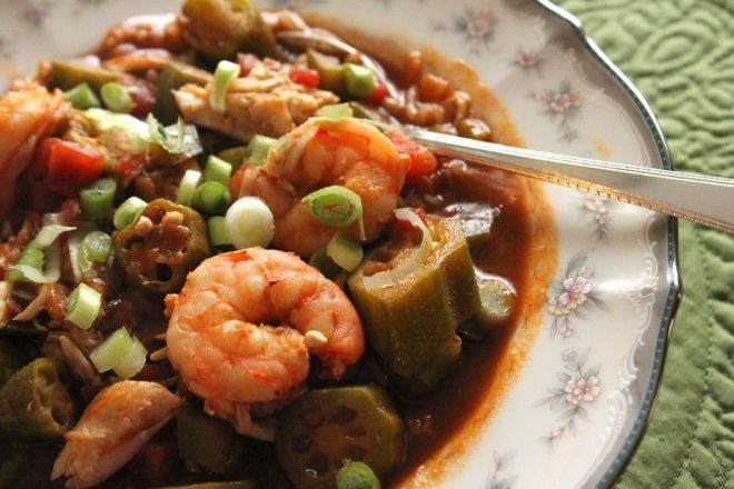 A traditional New Orleans gumbo with shrimp and okra.