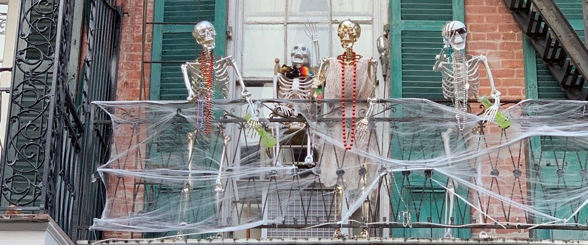 Skeletons on balcony of a St Peter Street apartment