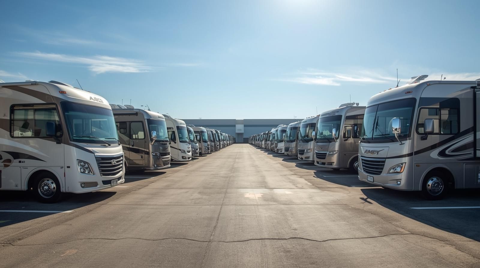Row of RVs parked in a storage facility under a clear sky