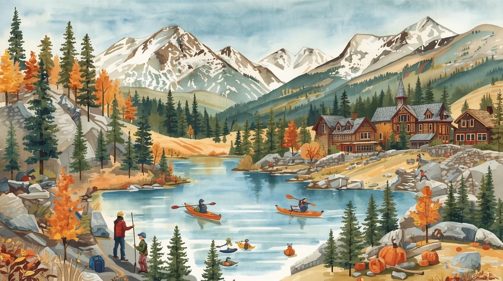 McCall Idaho lake scene with kayakers, mountains, fall trees, and lakeside cabins