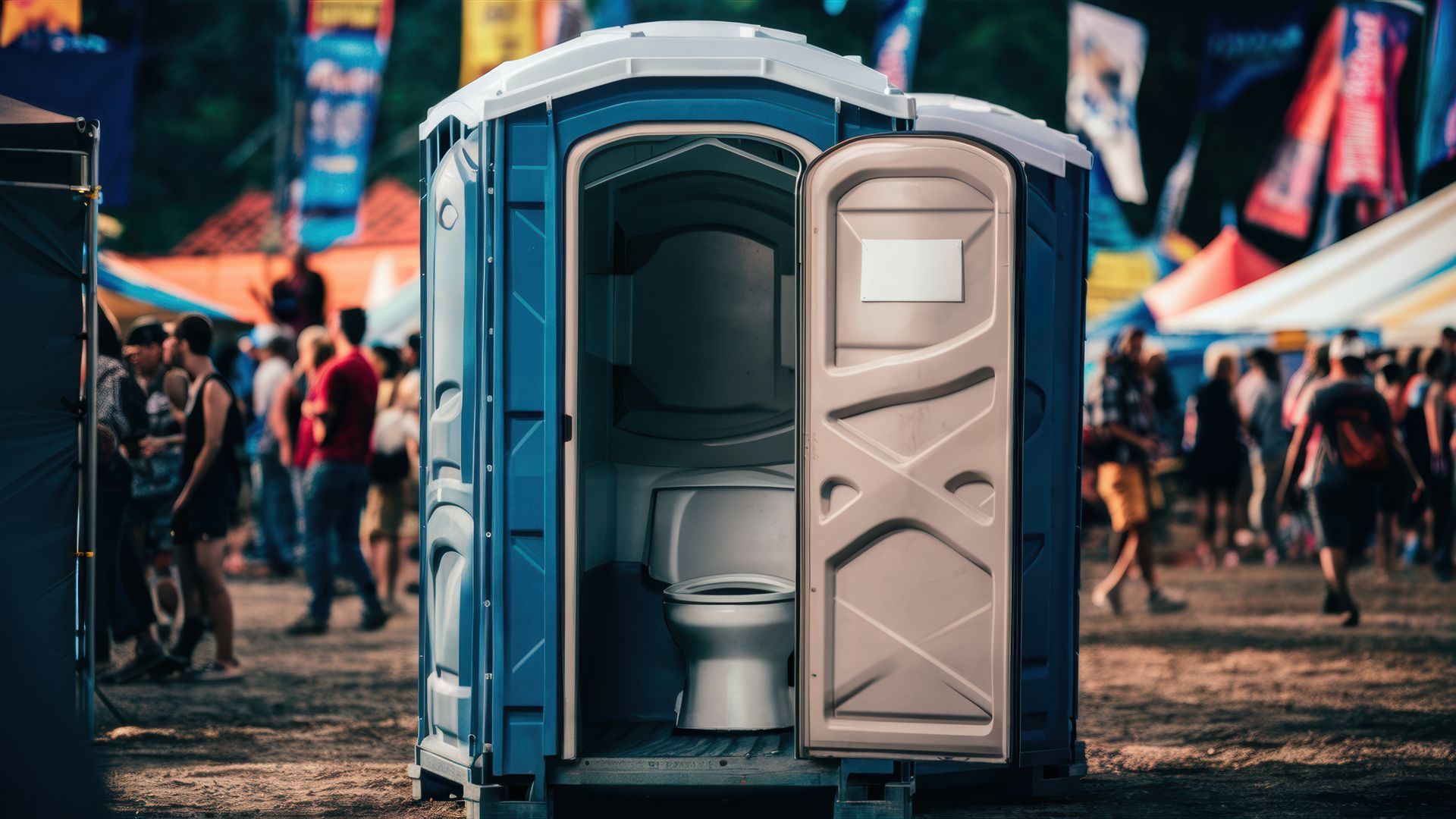 A portable toilet in a field with people around it.