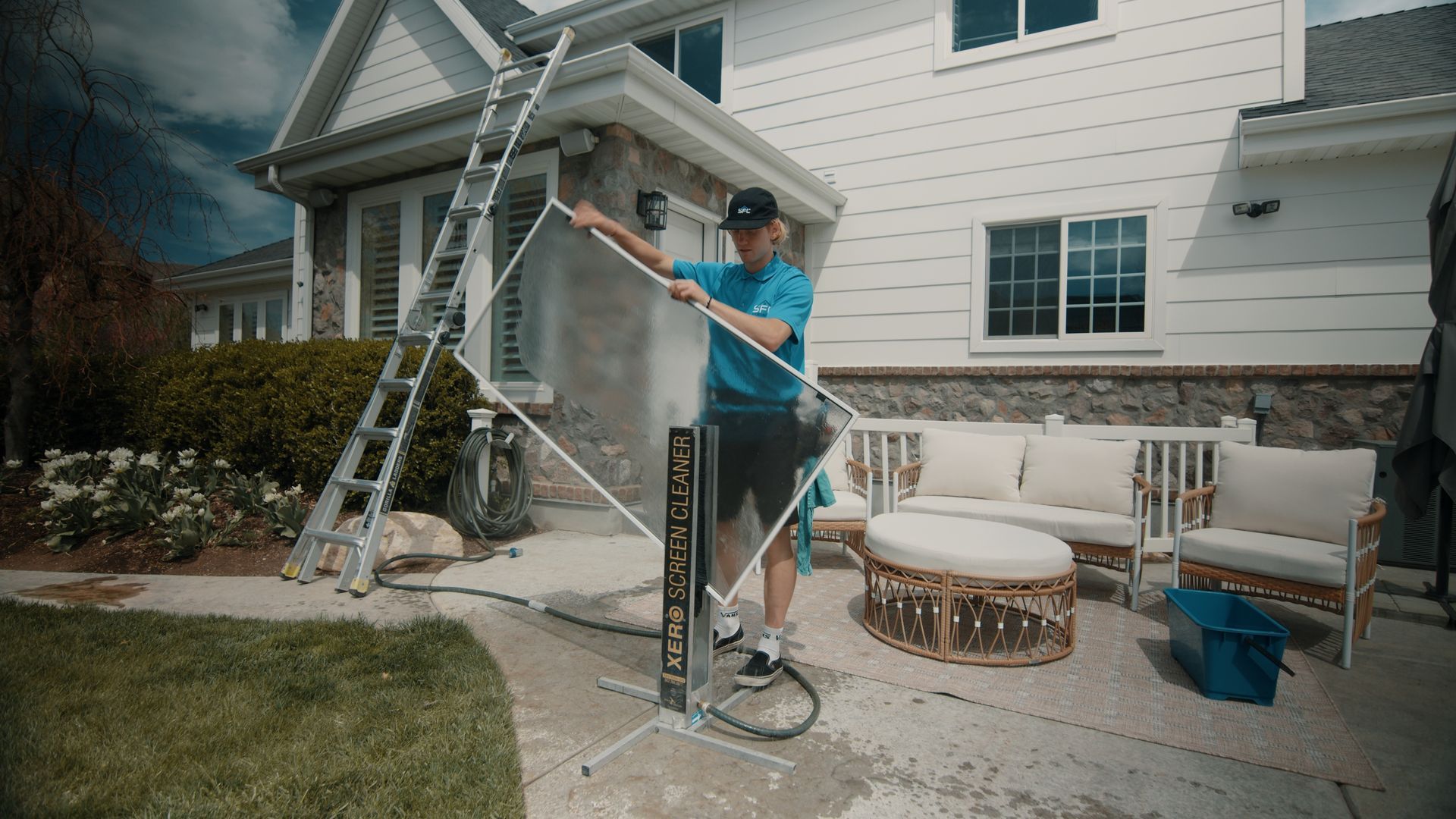 A man is cleaning the side of a house with a ladder.