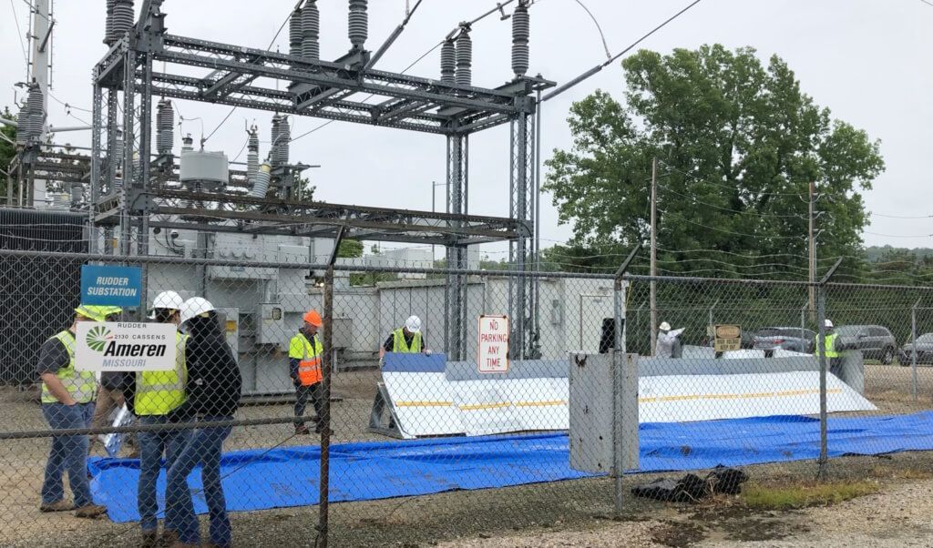 Aluminum flood panel know as the Geodesign Flood Barrier system protects power substation from flooding.