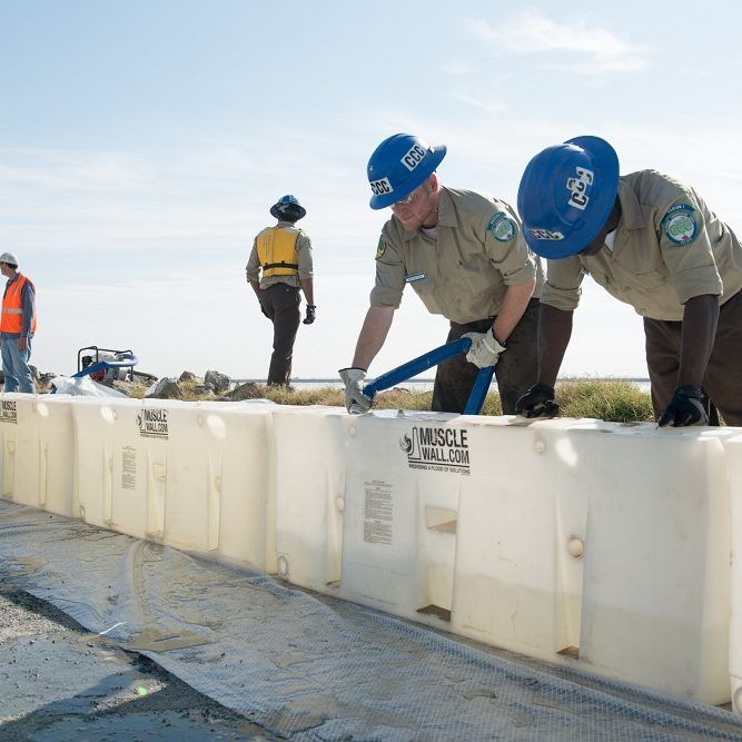 This flood barrier can be filled with the incoming floodwater as seen here.