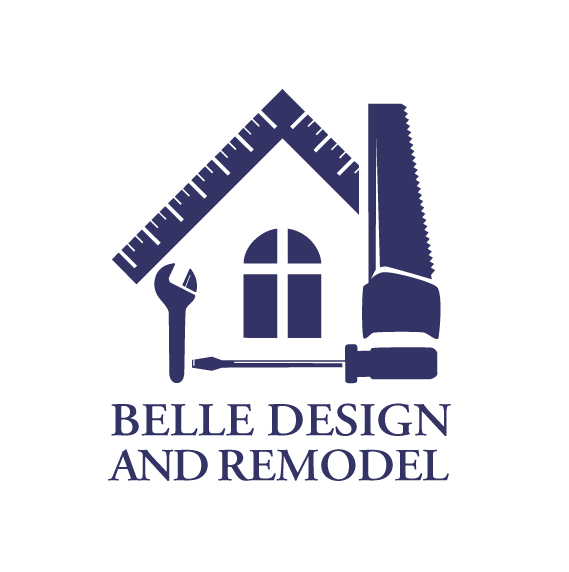 Logo for Belle Design and Remodel featuring a house outline containing a wrench and saw, in dark blue on a white background.