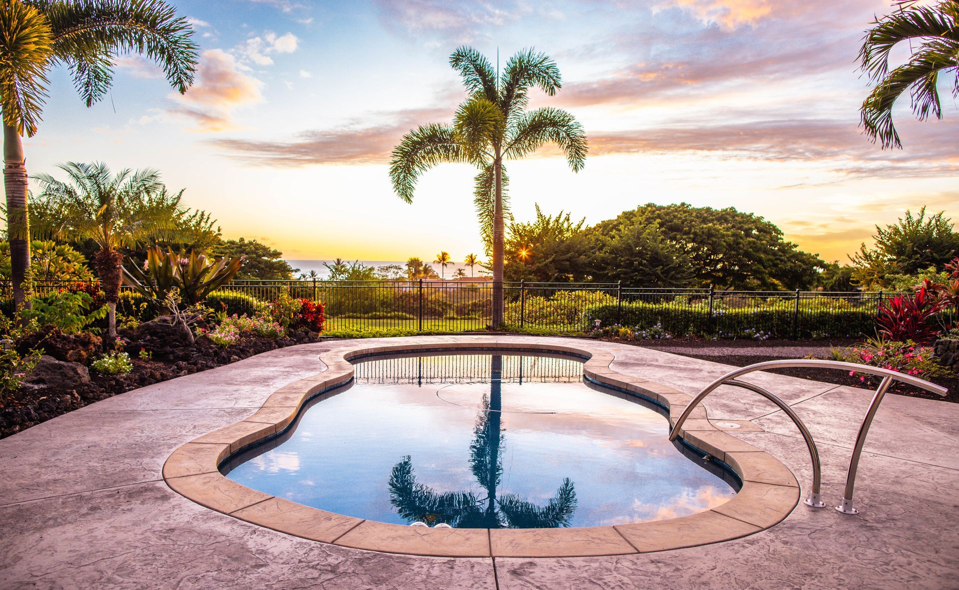 A large swimming pool with palm trees in the background