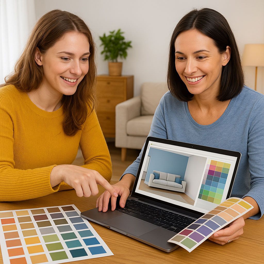 Two women reviewing home design ideas on a laptop, surrounded by color swatches.
