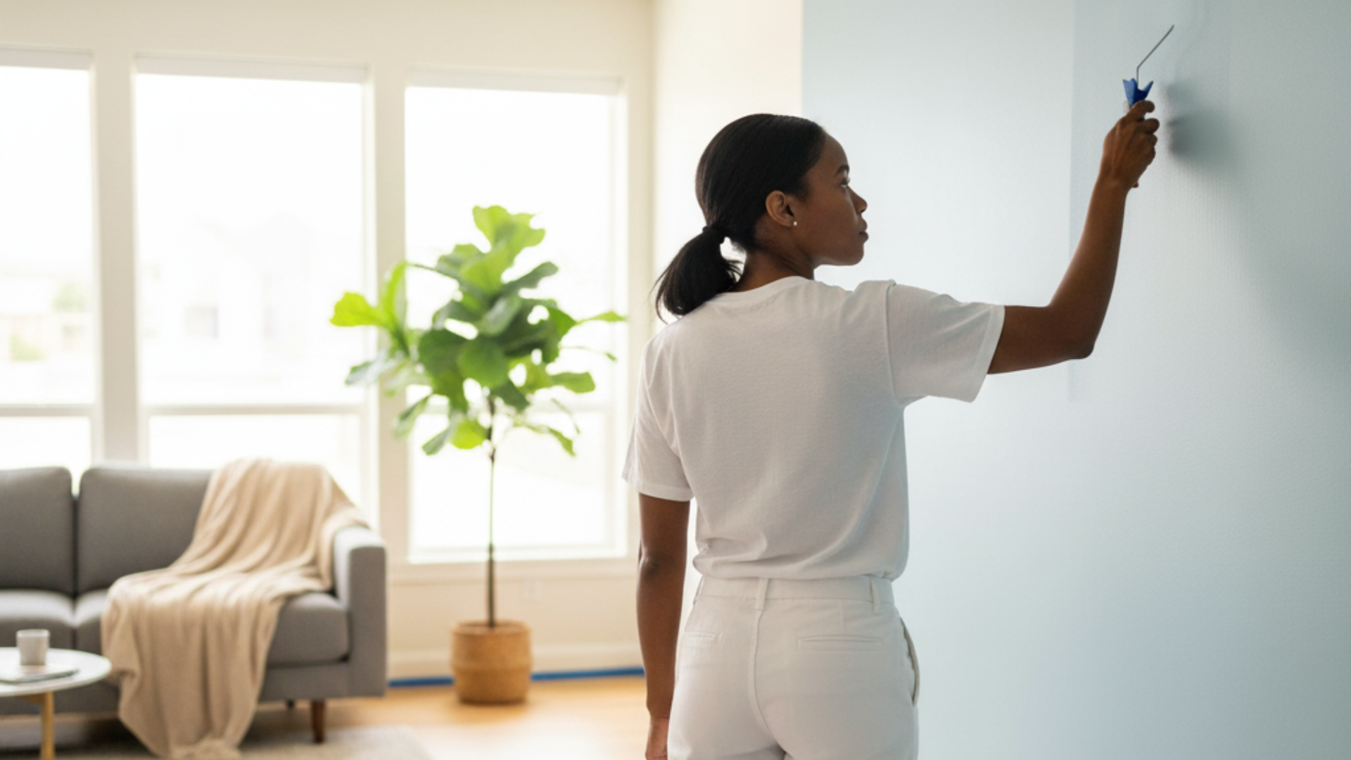 Woman painting a blue wall indoors; living room with sofa, potted plant, and large windows.
