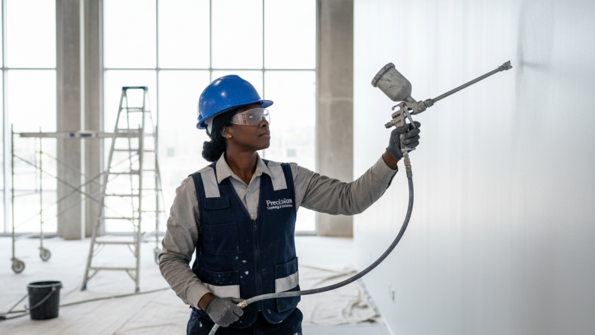 Woman in work clothes, hard hat, and safety glasses sprays paint on a white wall indoors.