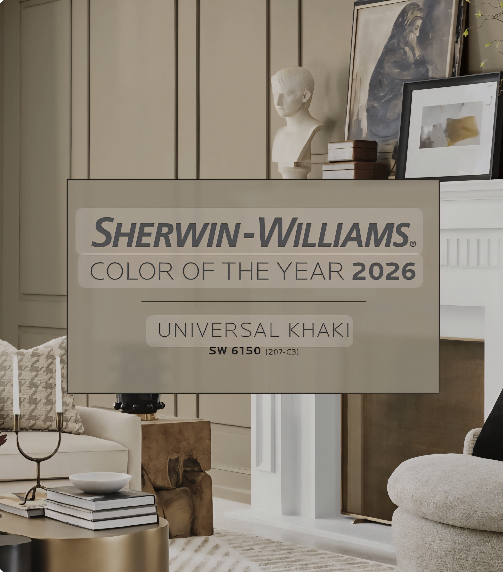 Sherwin-Williams Color of the Year 2026 announcement: Universal Khaki in a living room setting with beige tones.