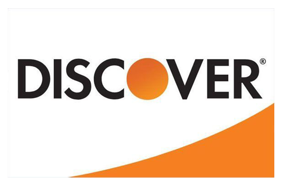 Discover credit card logo: Black text, orange circle and rising orange arc on white background.