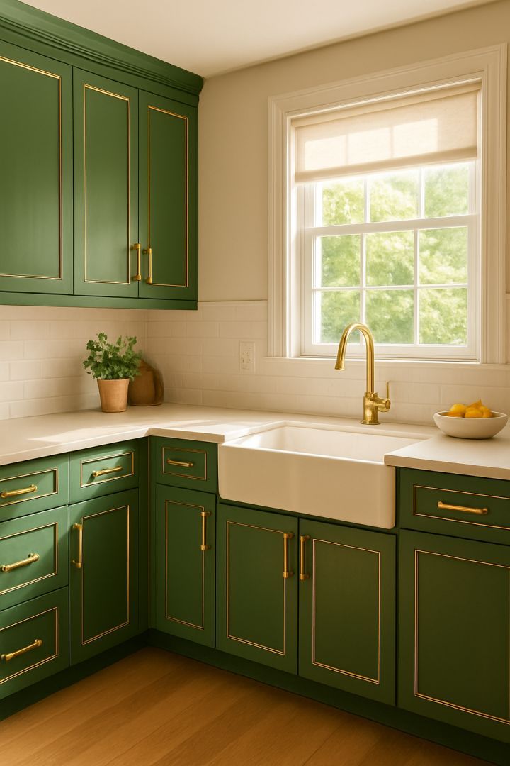 Green kitchen cabinets with gold accents, a farmhouse sink, and a window.