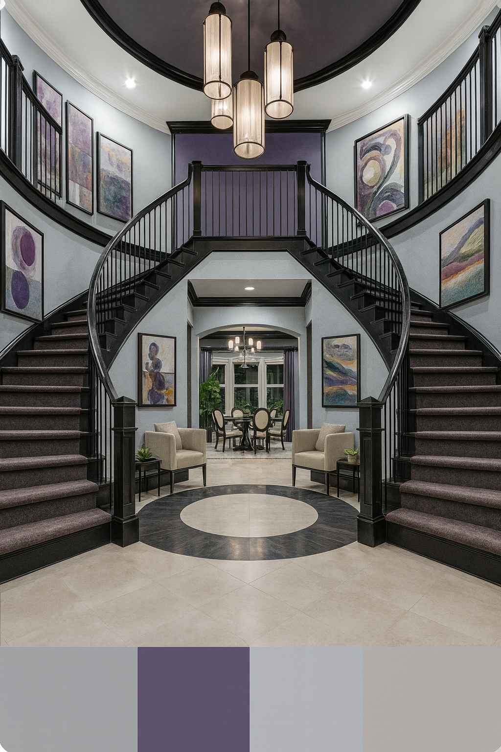 Elegant foyer with dual curved staircases, artwork, chandeliers, and a dining area. Purple and gray color palette.