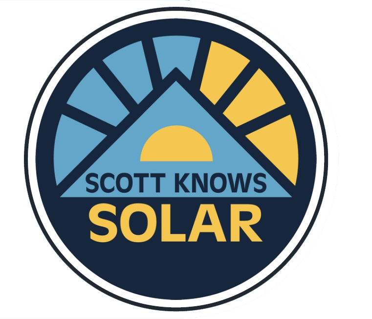 A logo for scott knows solar with a sun in the middle