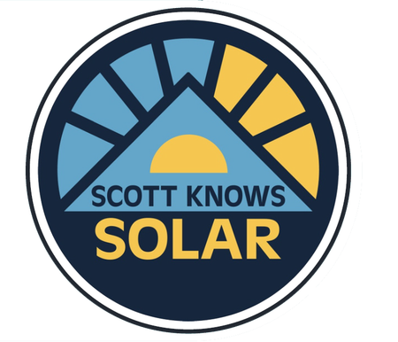 A logo for scott knows solar with a sun in the middle