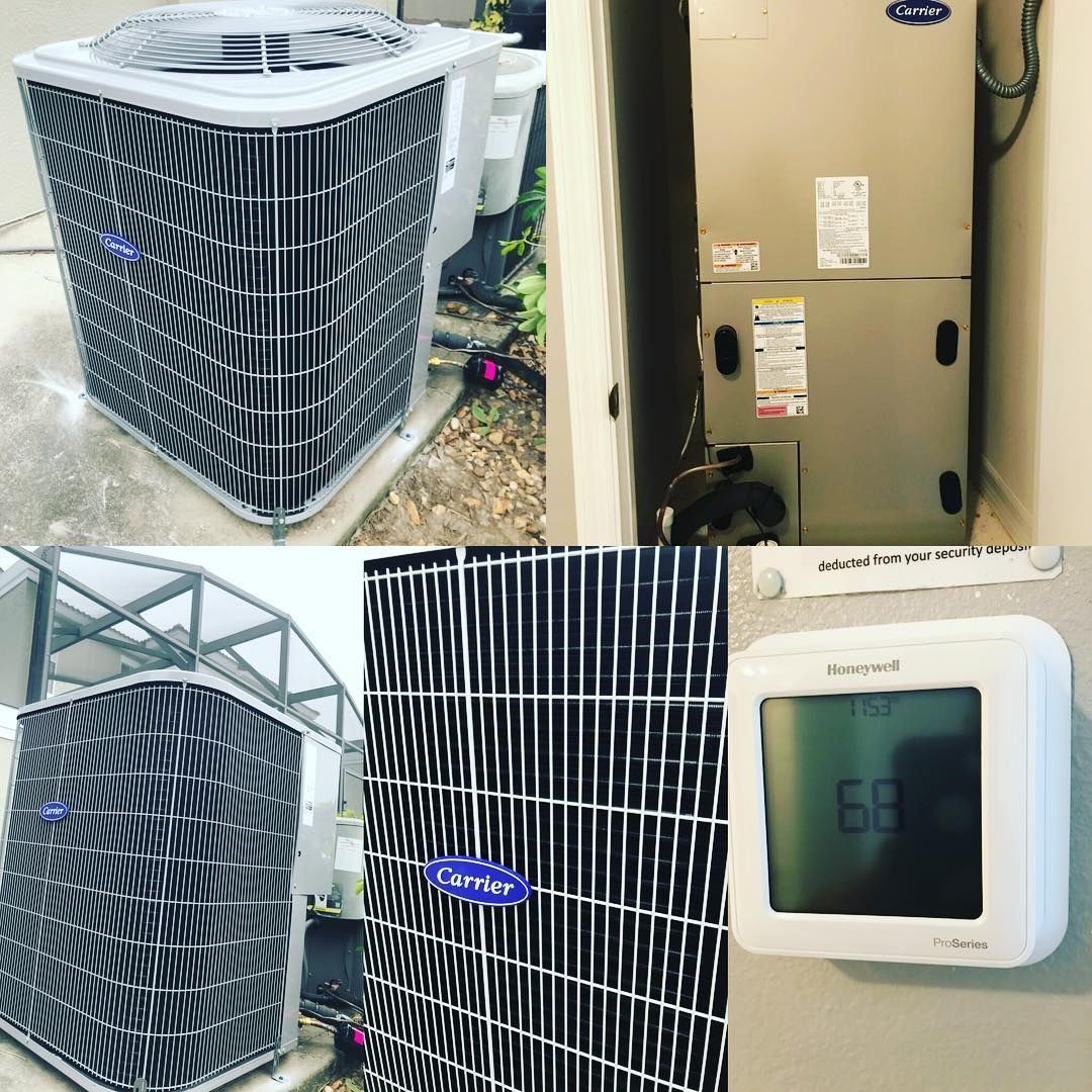 Four photos: Carrier air conditioning unit, indoor furnace, outdoor unit, and thermostat showing 68 degrees.