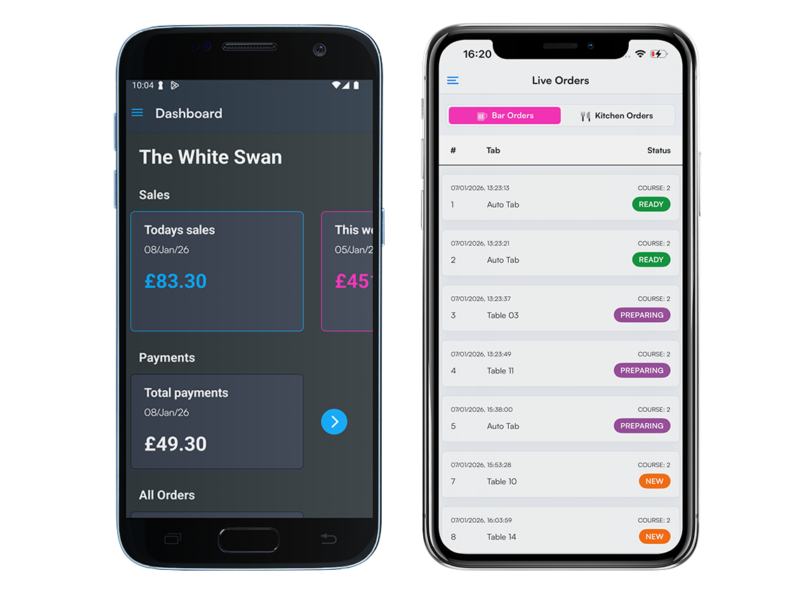 Two smartphones showing order details; one dark, one light with list of items and prices.